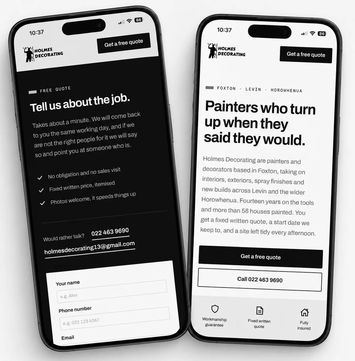 The Holmes Decorating site we built, shown on two iPhones: a hero screen with a tap-to-call button and a quote form screen